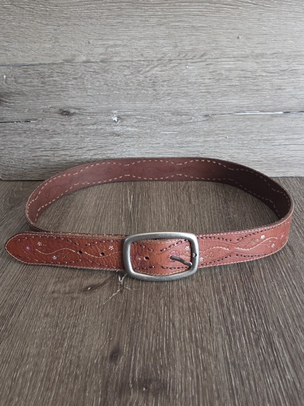 Fossil Boho Floral Tooled & Painted Brown Leather Belt - Size Large